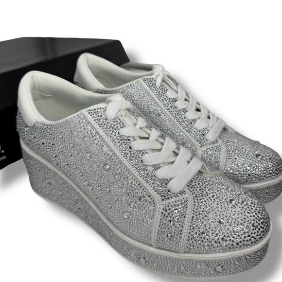 NEW INC Silver rhinestone wedge sneakers Size 8.5 Glam Platform Lace up Shoes - Picture 1 of 11